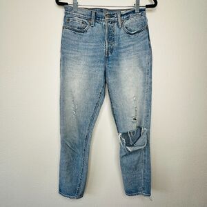 Levis White Oak Cone Denim Light Medium Wash Button Fly Distressed Slim Leg Jean